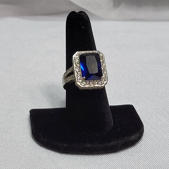 Blue Princess Cut Cabochon w Diamond chip accent 925 Sterling Silver Ring Sz 8.5 - Picture 5 of 8